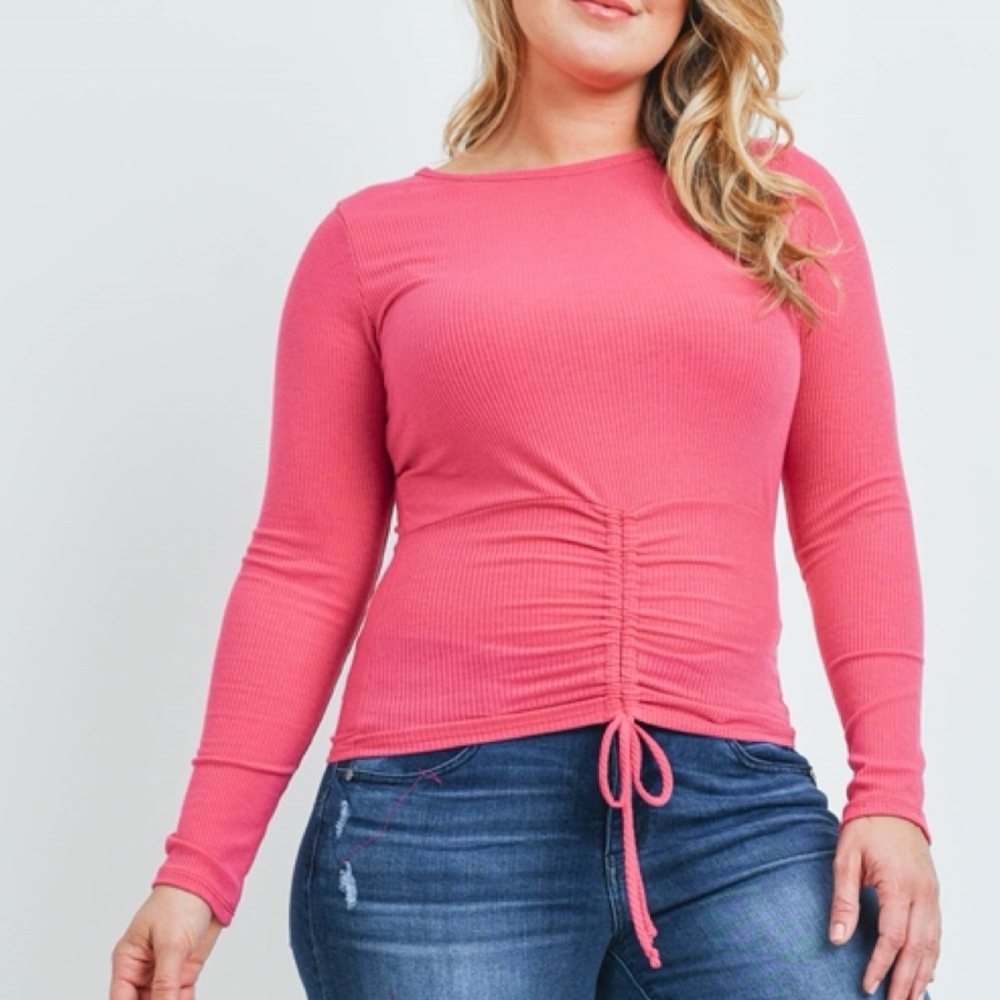 Blue Leopard Pink Ribbed Knit Long Sleeve Ruched Drawstring Top NWOT Size 2X